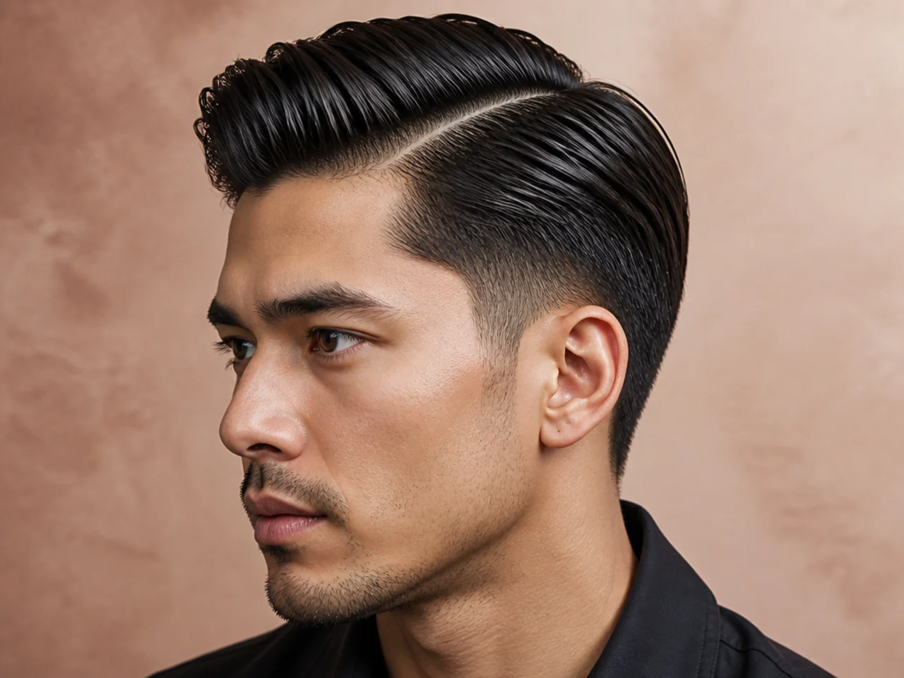 Modern slick-back side part with three-inch top pulled back and to the side, low taper on the sides