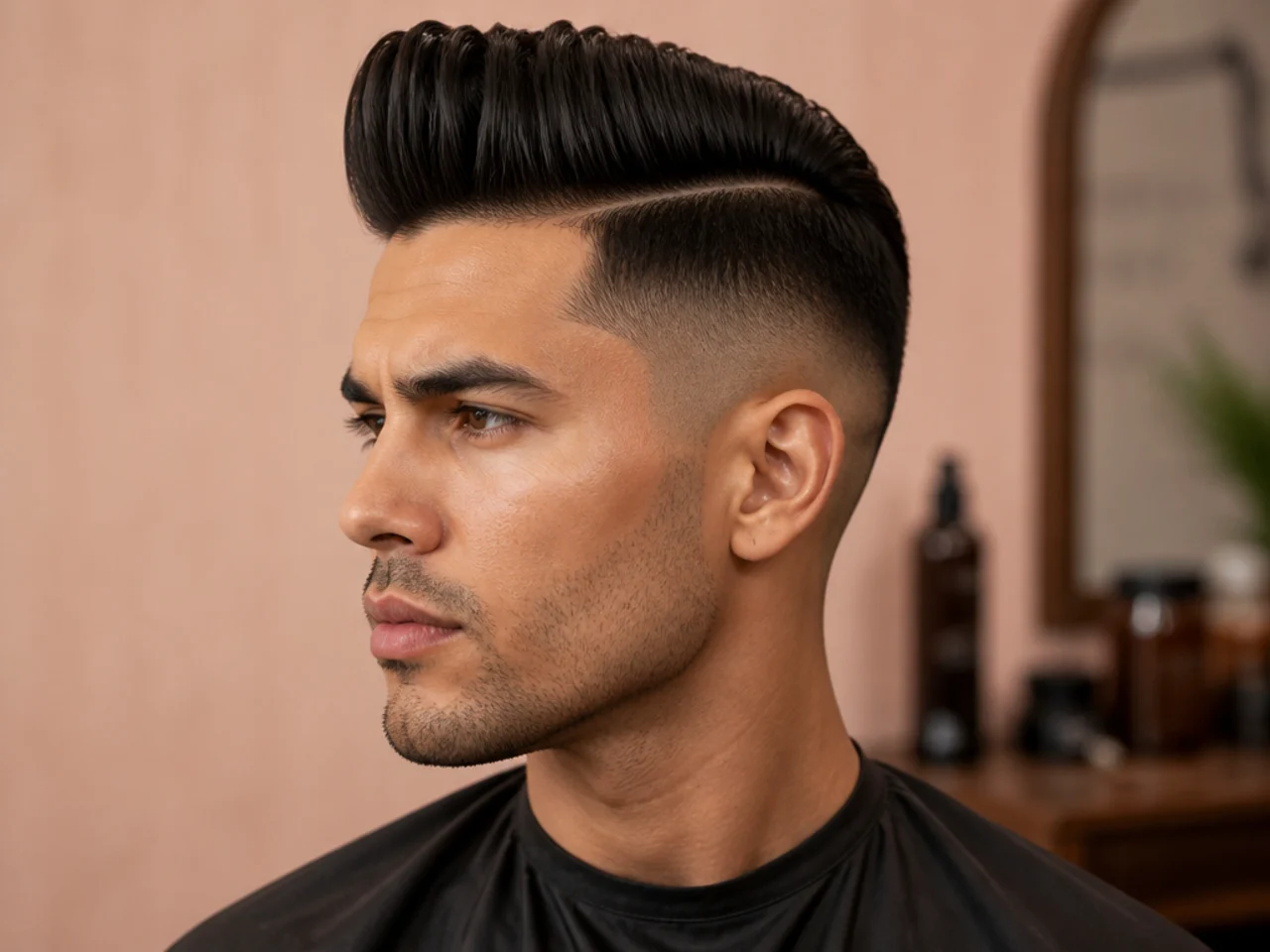 Tall pomp side part with high skin fade, three-inch pomp lifted upward and back from a defined parting