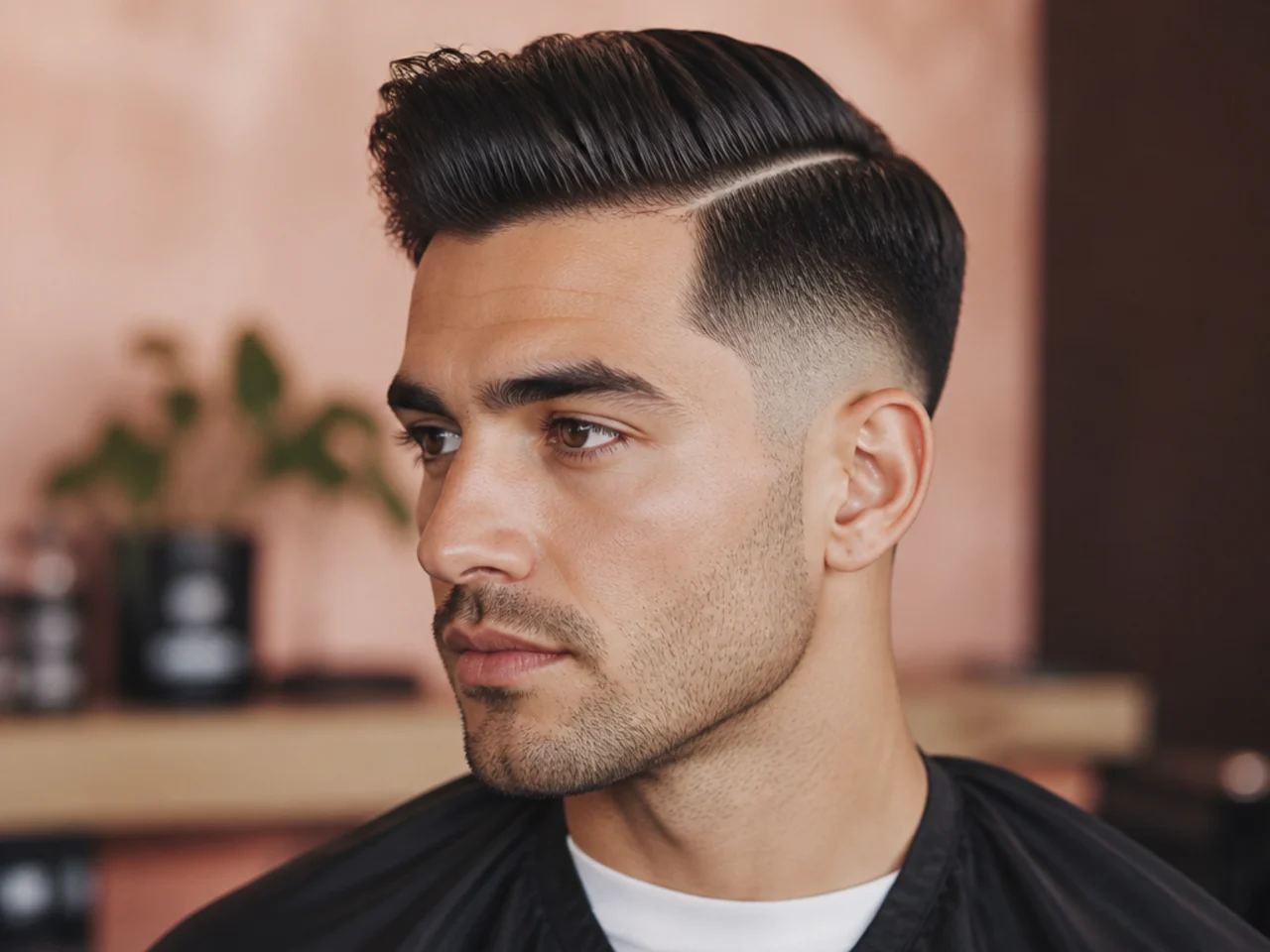 Hard-part side part with mid fade, razor-drawn hard line and a textured lifted top