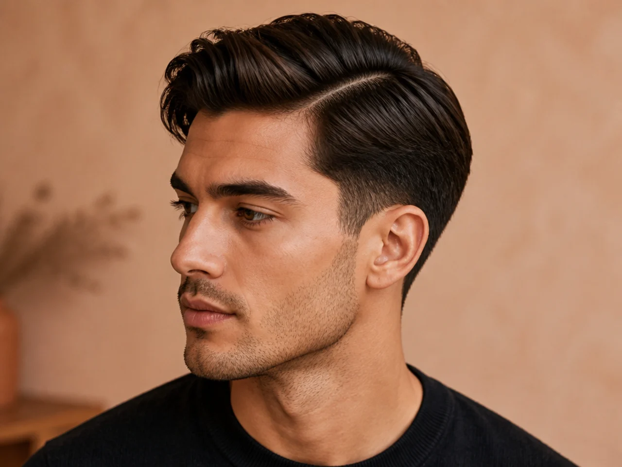 Soft classic side part with scissor taper, two-and-a-half-inch top combed to the side with no fade line
