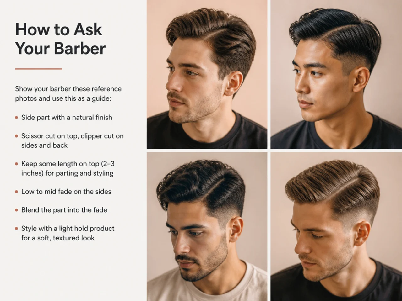 A barber consulting a photo reference with a client before starting a side part haircut