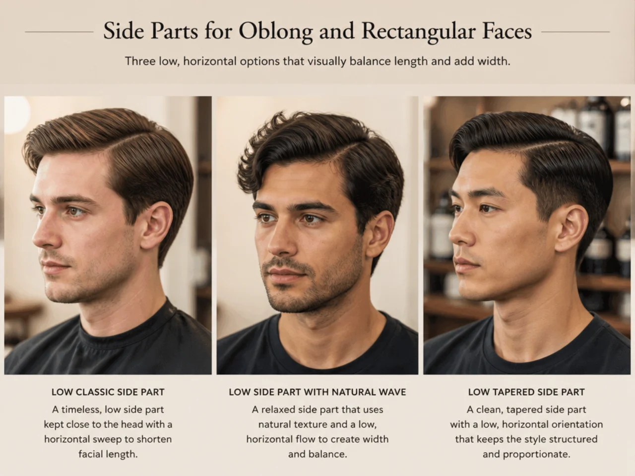 Three side part variations for oblong and rectangular face shapes emphasizing low, horizontal styling