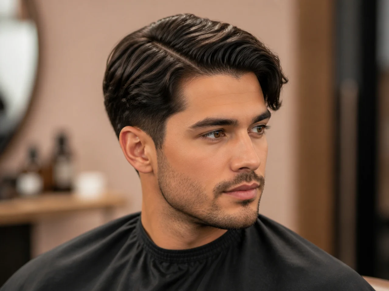 Four side part variations for oval face shapes displayed on young men in a barbershop lineup