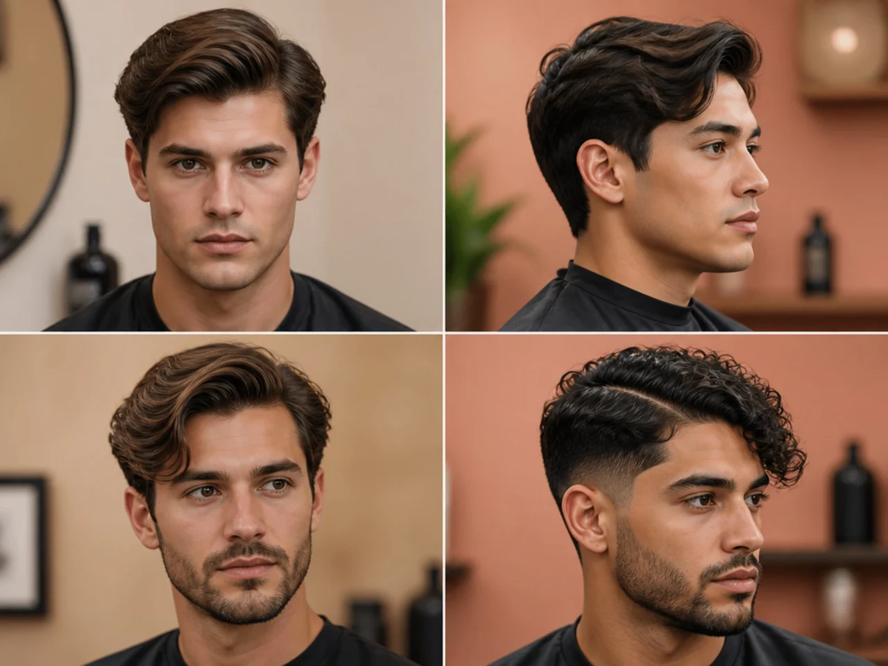 Four side part variations for round face shapes emphasizing vertical lift, tall tops, and deep partings