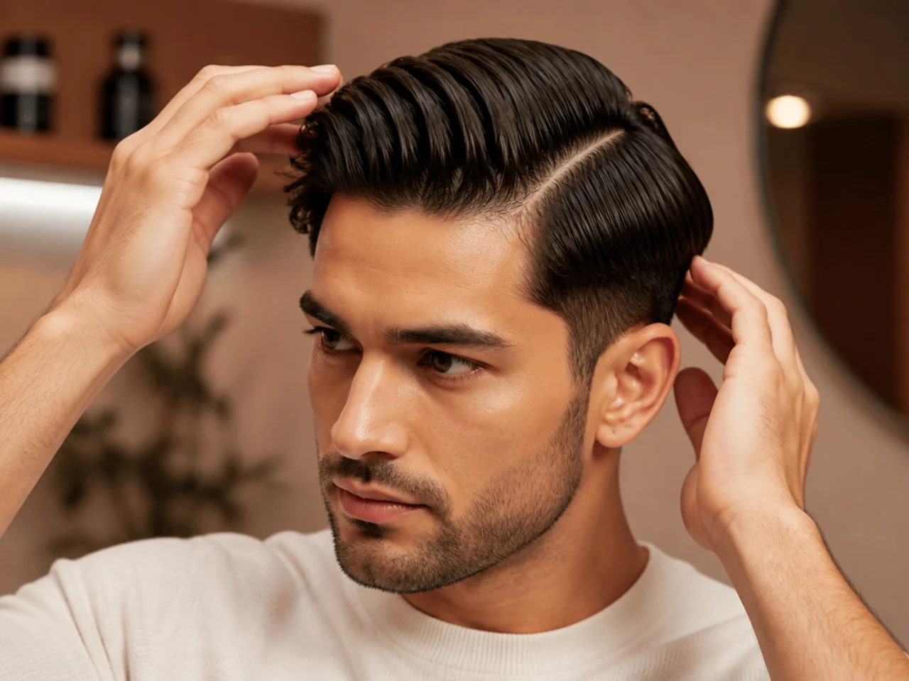 Barbershop counter with matte clay, cream pomade, sea-salt spray, and a fine-tooth comb ready for side part styling