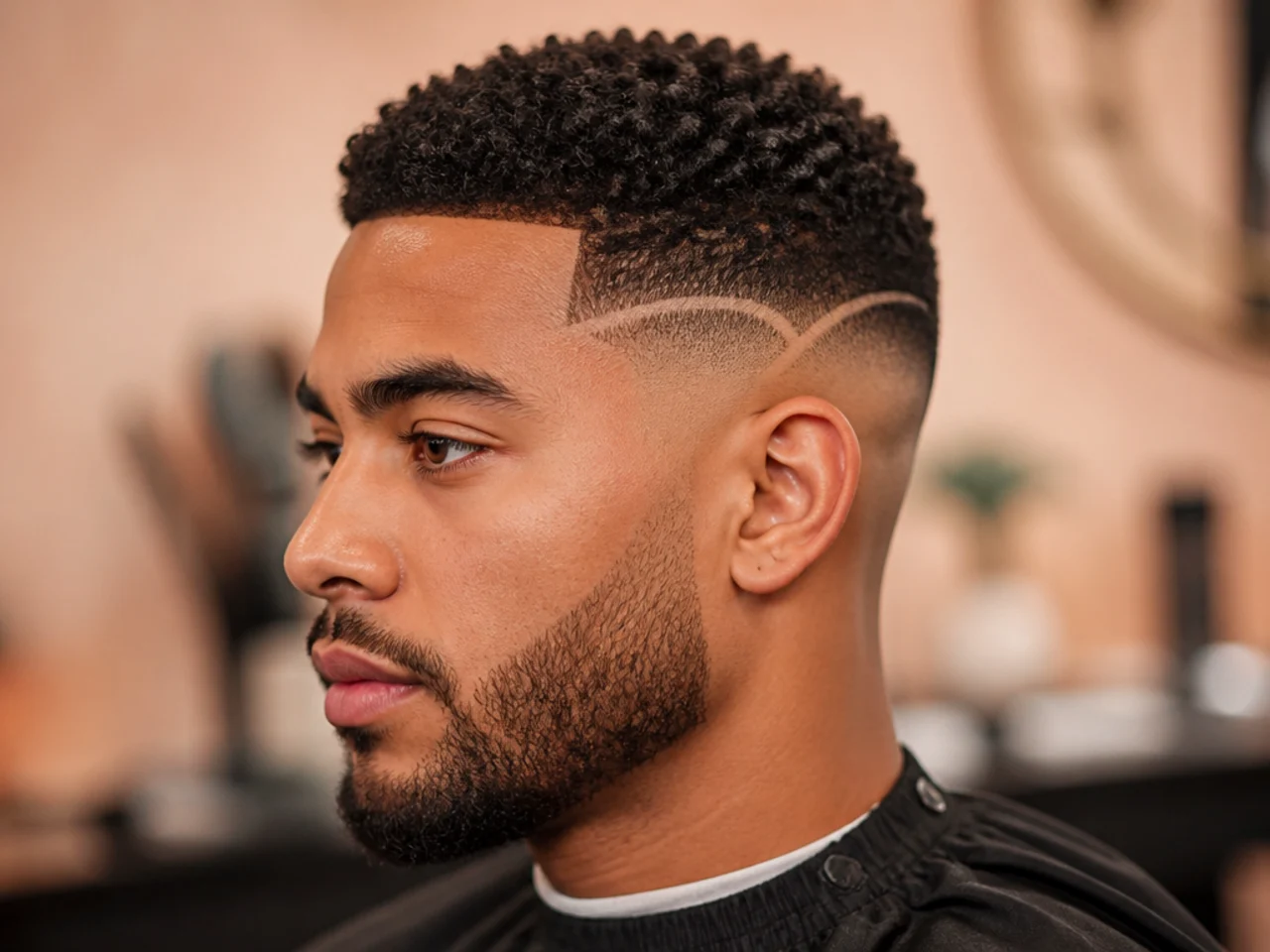 Skin fade with razored geometric hair design in the side panel and 4A texture on top