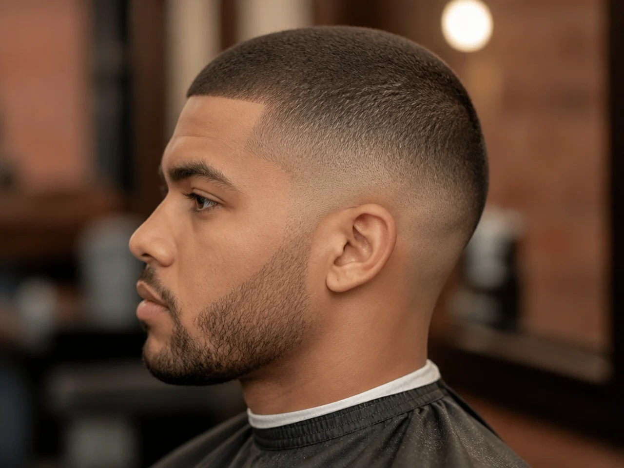 Buzz cut on 4A hair with a low taper fade at the sides and sharp line-up
