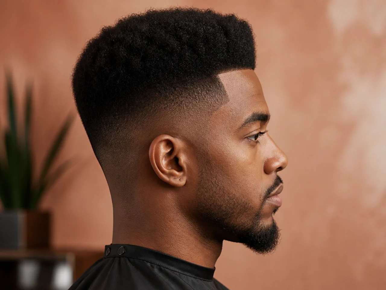 Classic high top fade with squared-off 4C texture standing five inches tall on top