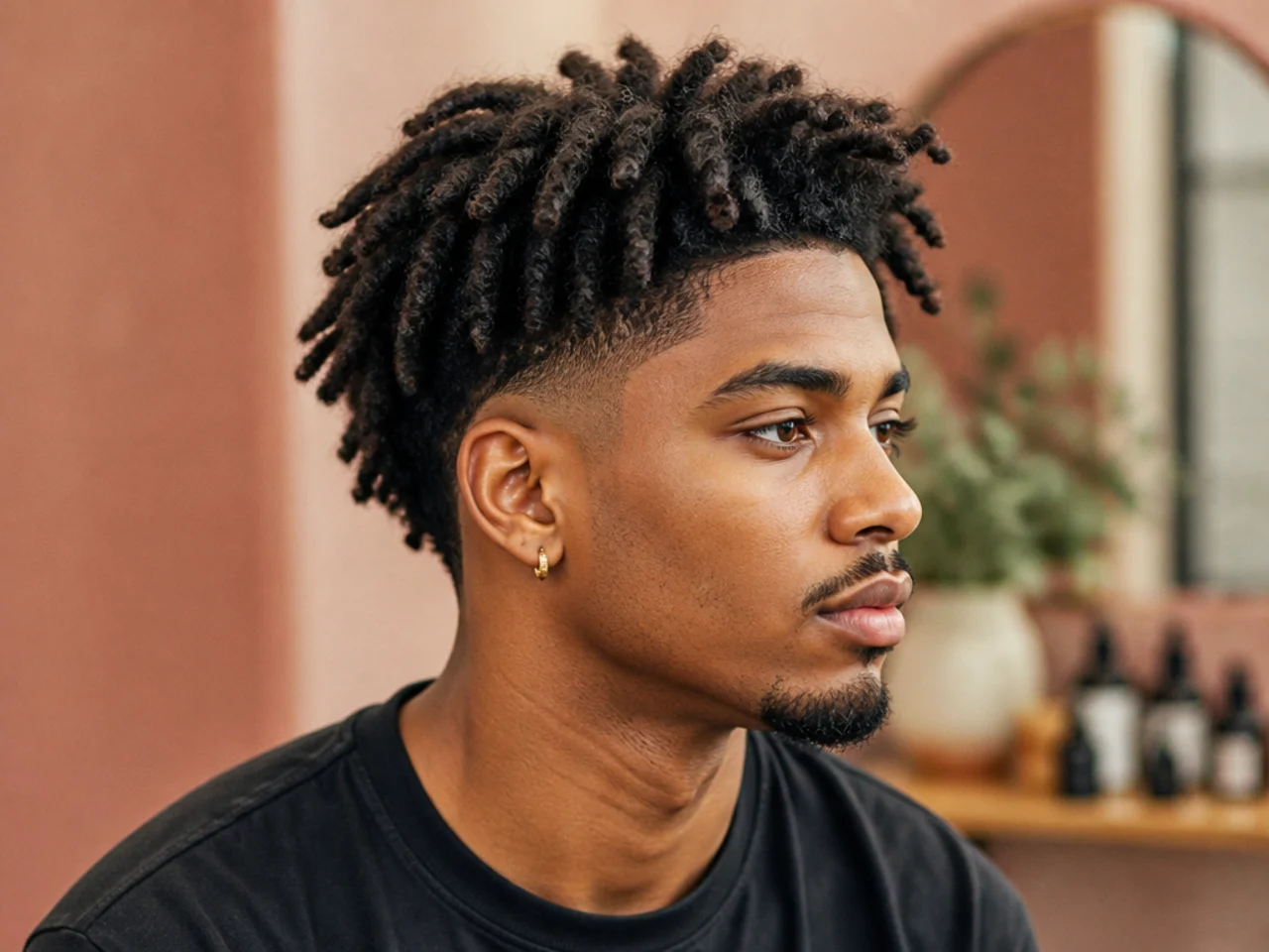 Freeform starter dreads on 4B hair with a low taper fade at the sides