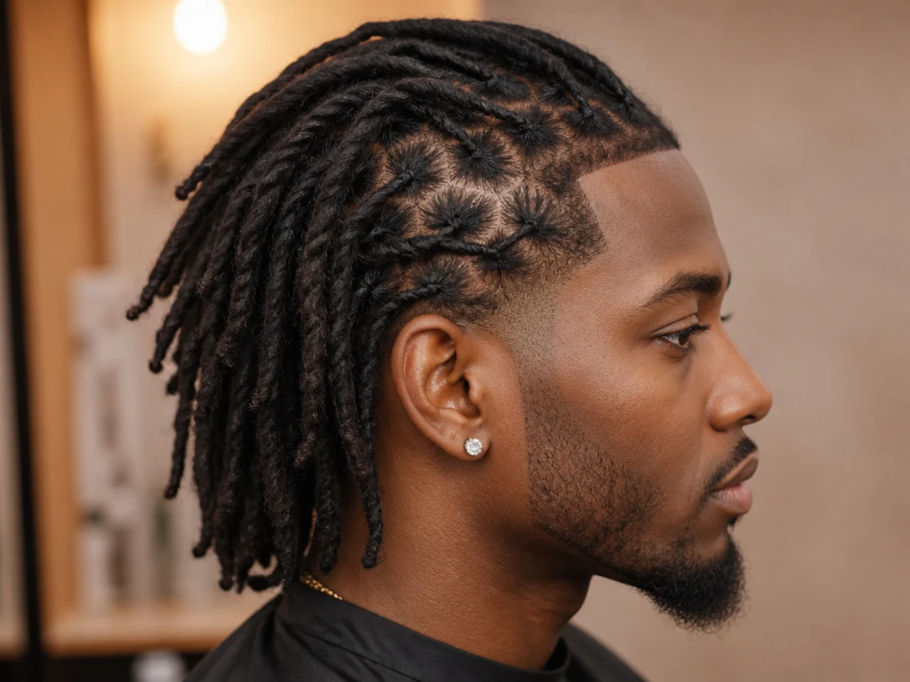 Mature retwisted locs at shoulder length with sharp razor line-up at the forehead
