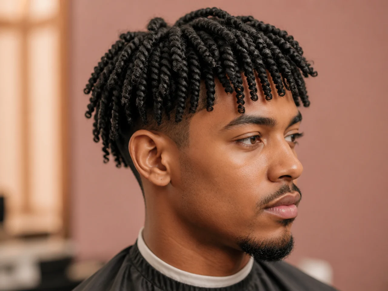 Uniform two-strand twists on 4B hair with a low taper fade at the sides