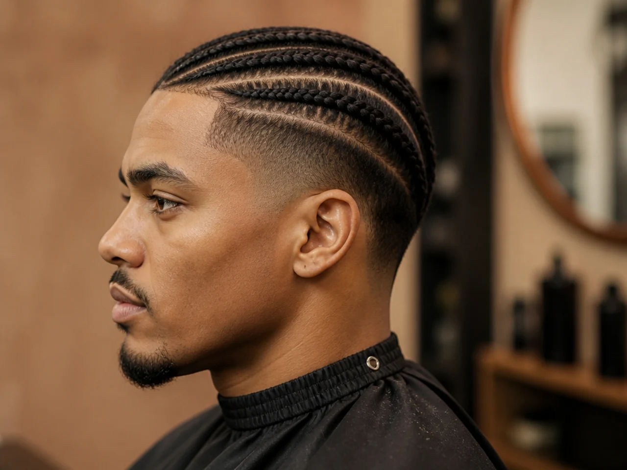 Cornrows braided straight to the back with a low taper fade at the sides