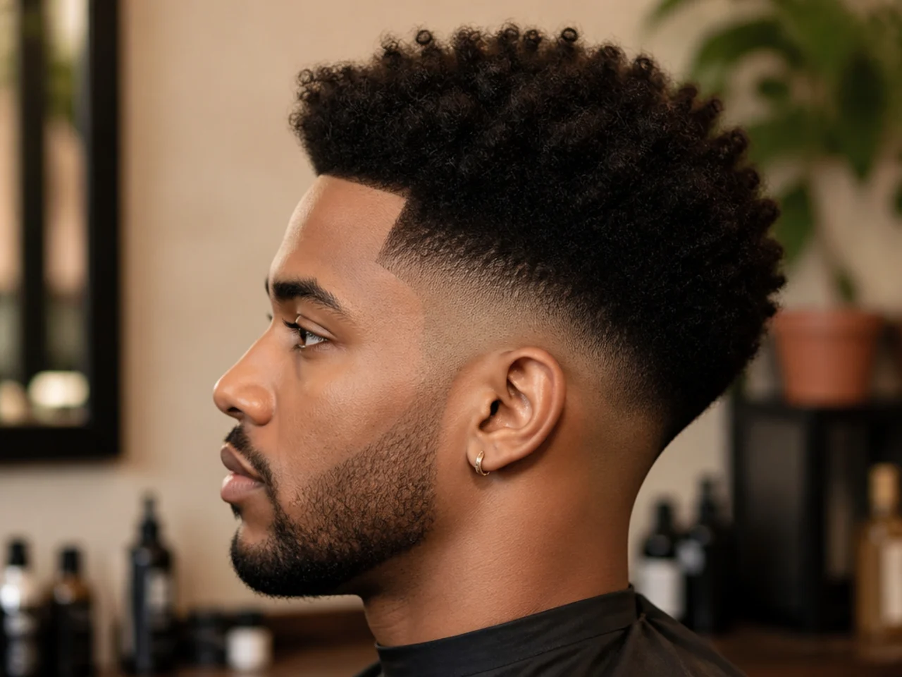 Mid fade with three inches of natural 4B afro on top and soft blend at the temple