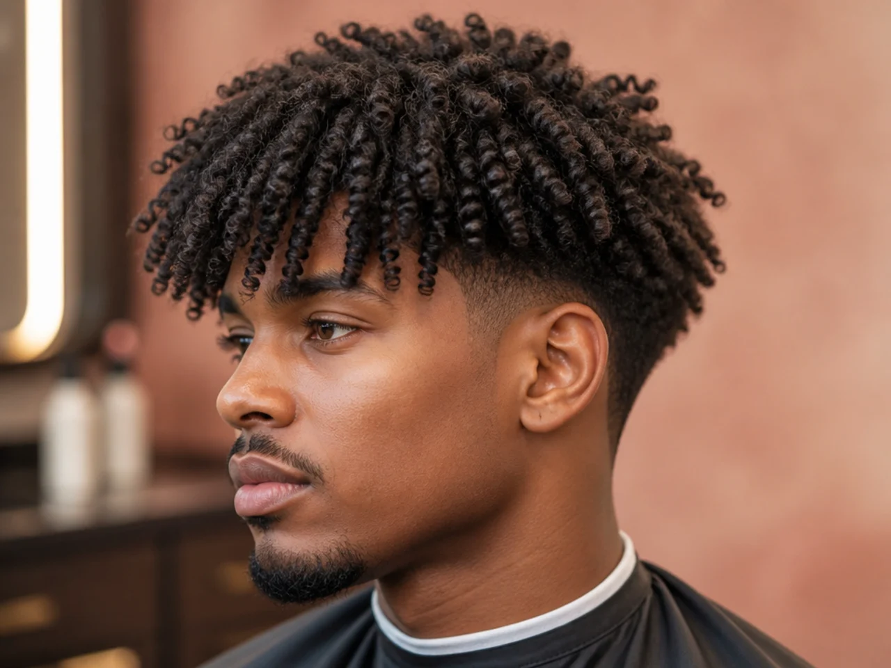 Coily fringe falling past the brow on 4A hair with a low taper fade at the sides