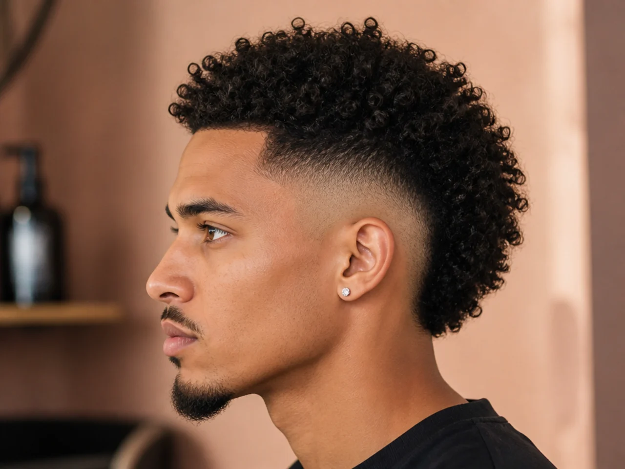 Curly frohawk with a strip of 4B texture crown to forehead and burst fade on both sides
