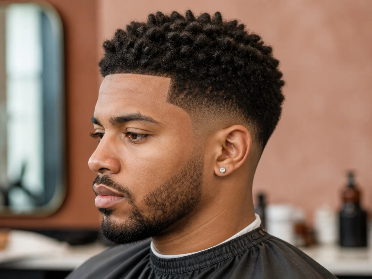 Short textured crop on 4A hair with low taper fade at the sides and sharp line-up