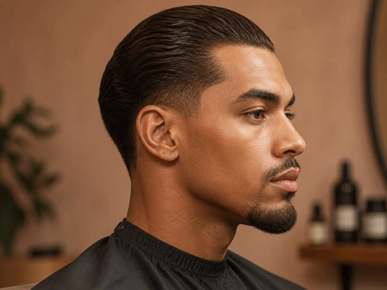 Slicked-back styling on relaxed Black hair with a low taper fade at the sides