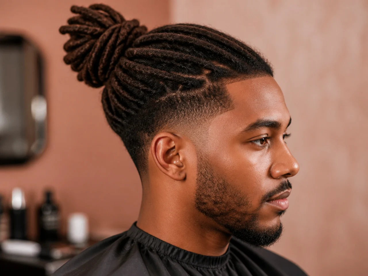 Half-up man bun with mature locs and a low taper fade at the sides