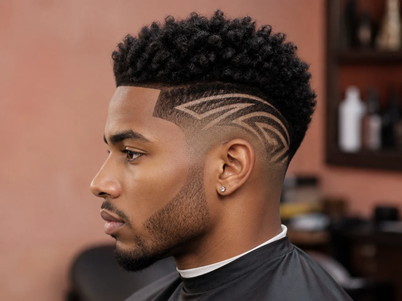 Razor-carved geometric hair design in the side panel with 4B texture on top