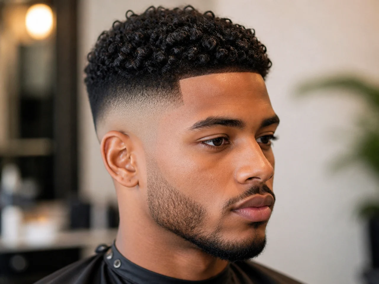 High skin fade with two inches of defined curls on top and sharp razor line-up