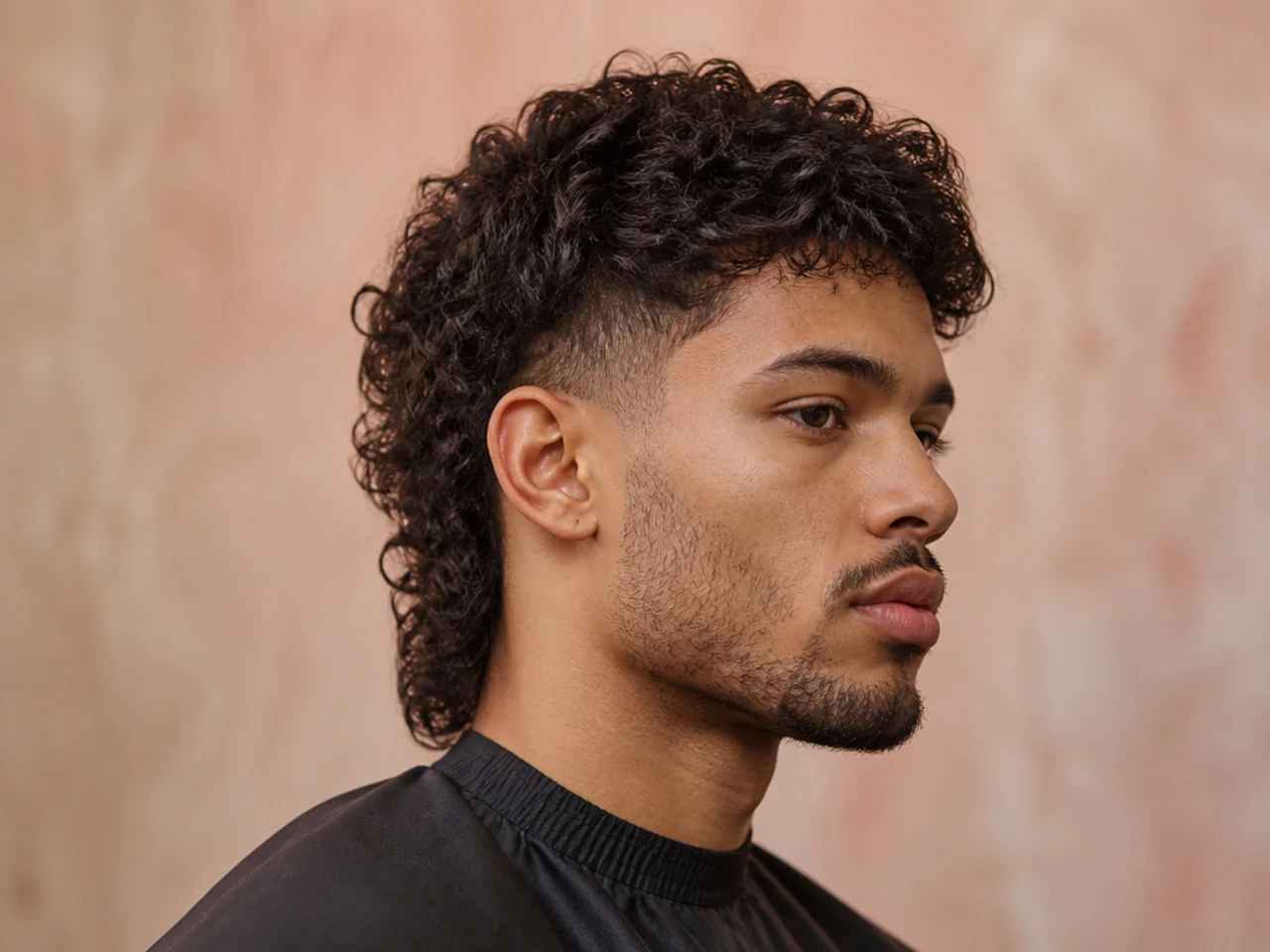 Slight mullet with longer back length on 4A textured hair and low taper at the sides