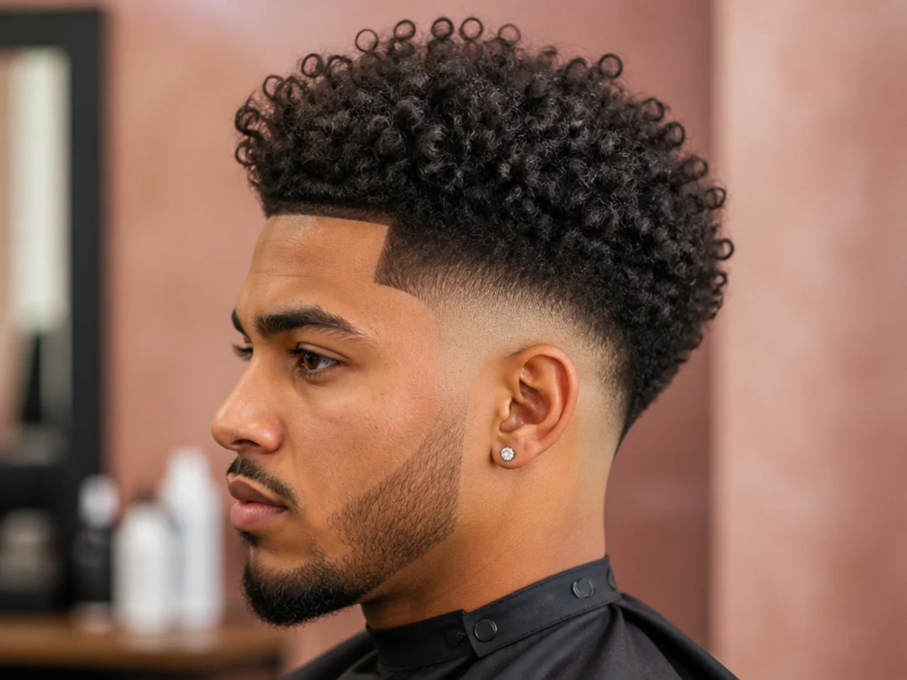 Burst fade curving around the ear with three inches of curly 4A texture on top