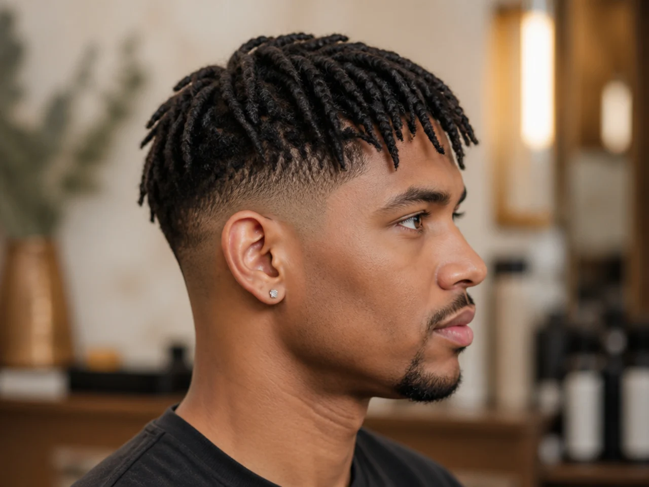Drop fade curving behind the ear with two-strand twists on top of 4B hair