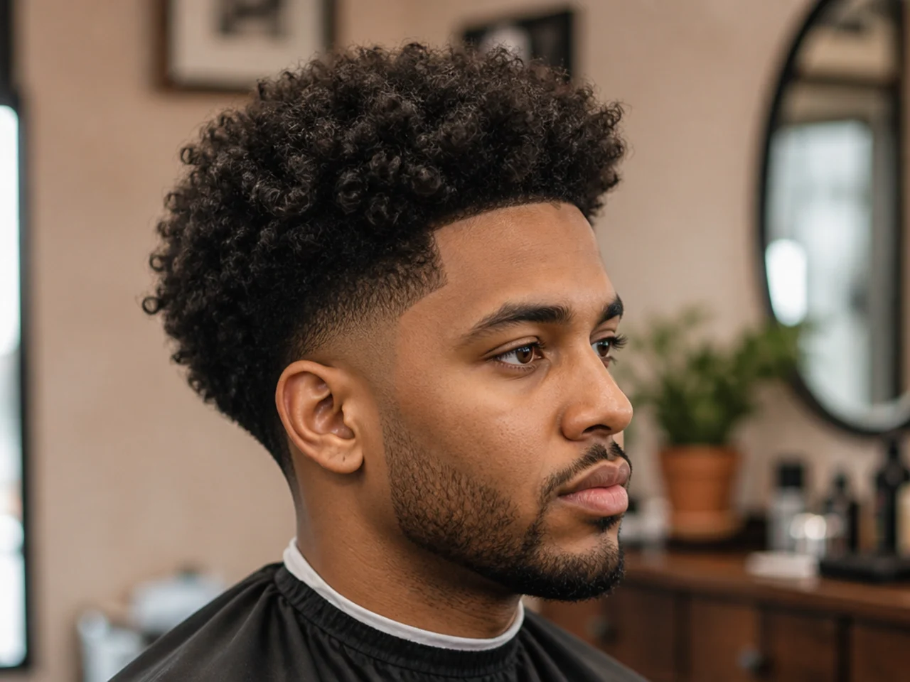 Blowout taper with picked-out coily volume on top and clean perimeter at the sides