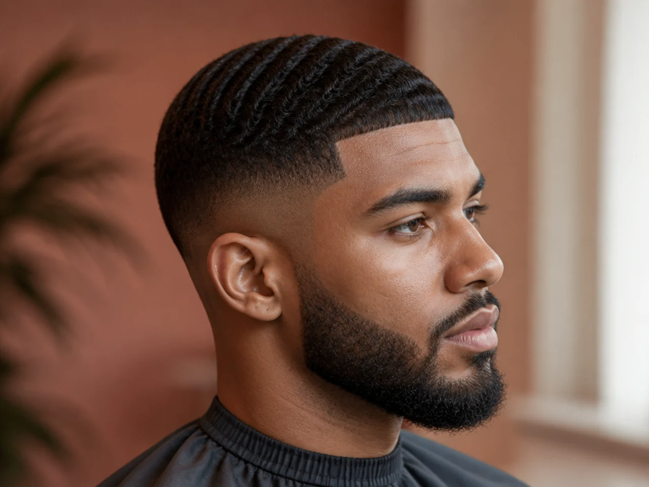 Temple fade with dense 360 waves on 4A hair and clean straight fringe at the forehead