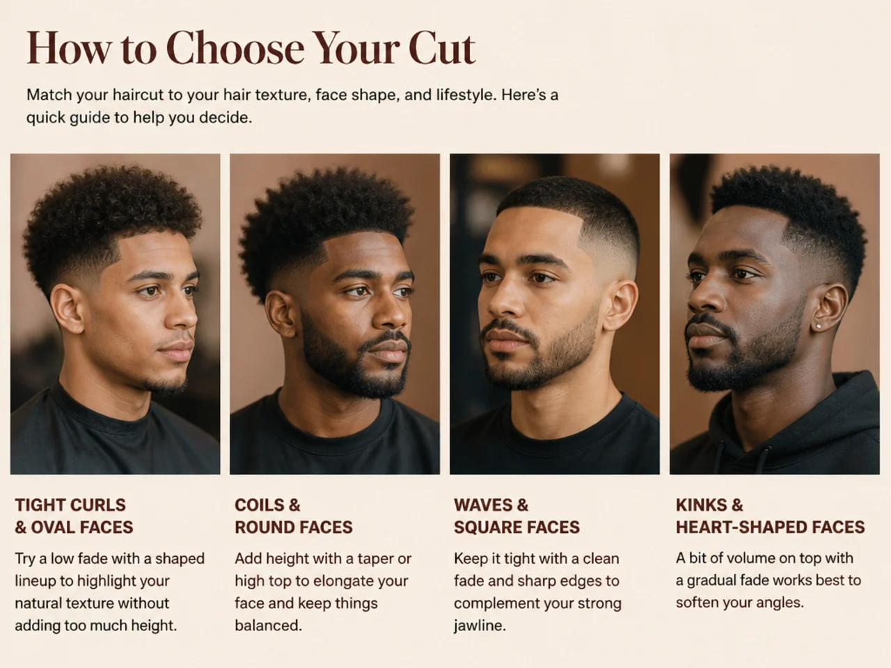Three Black men with different hair textures modeling low taper fade, natural afro, and retwisted locs