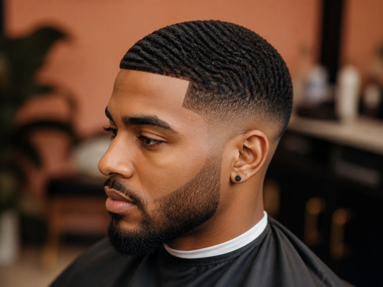 Fresh low taper fade with 4A wave pattern on top and sharp line-up at the forehead