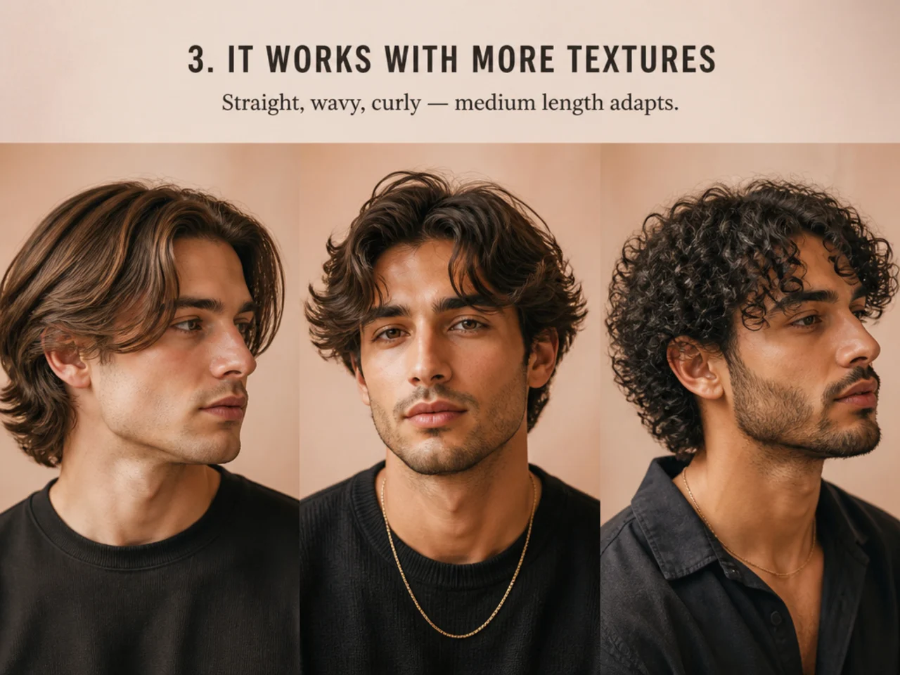 Four models with different hair textures — straight, wavy, curly, coily — in medium length variations