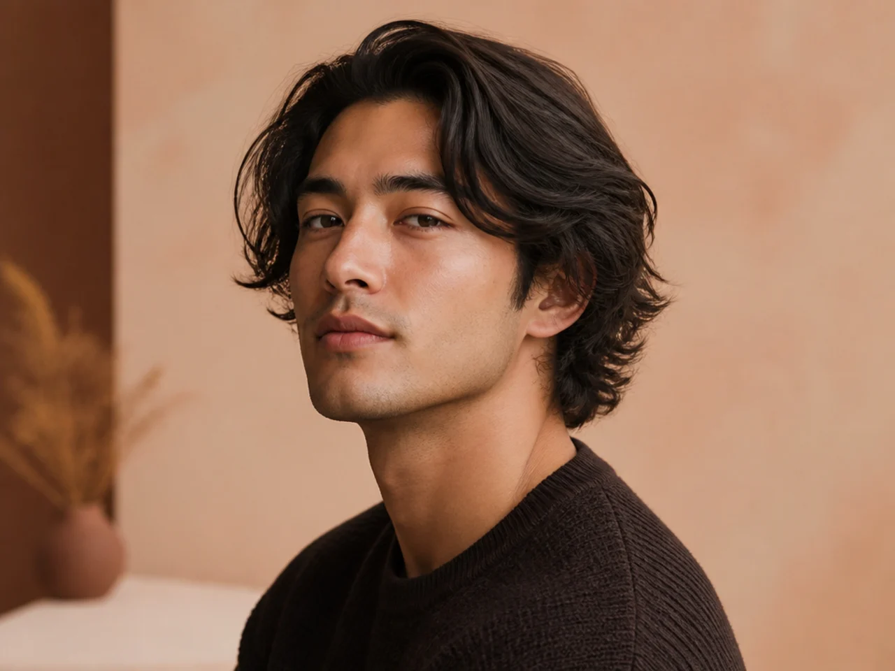 Contemporary medium length men's haircut on a young man wearing a soft slick back and matte finish