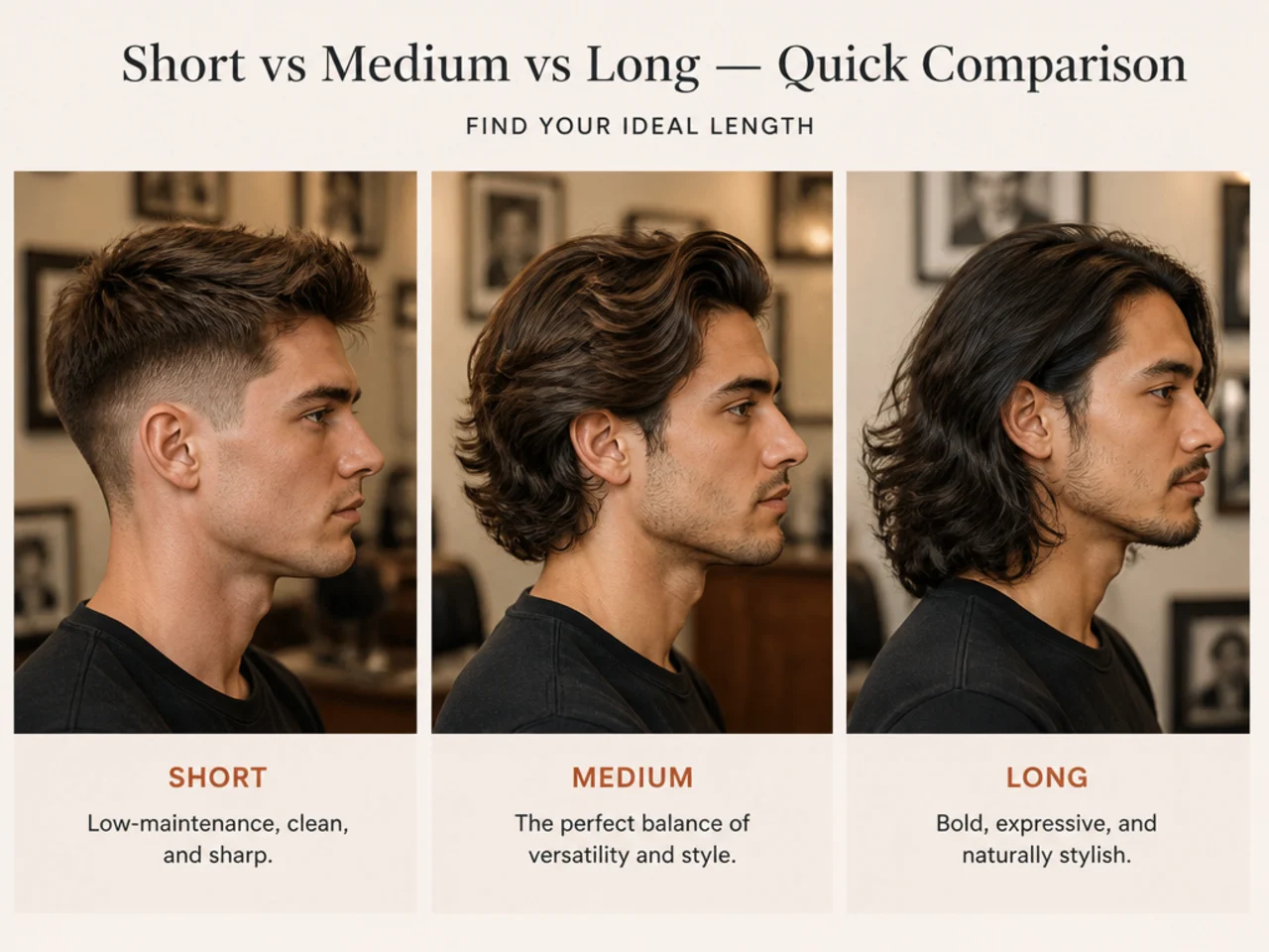 Comparison table showing short, medium, and long men's haircut differences across seven axes