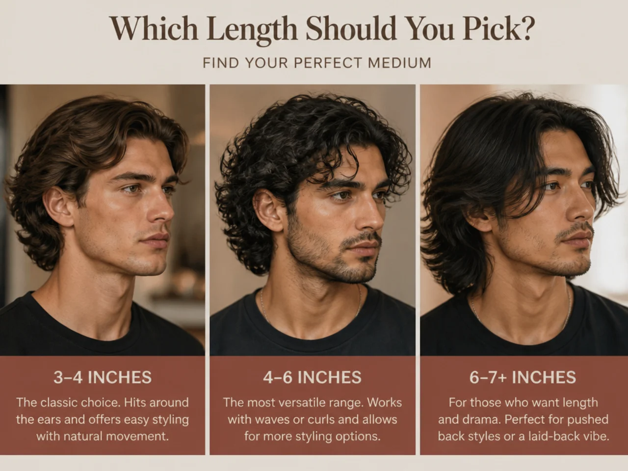 Three men side by side showing short, medium, and long haircut examples for a decision-guide visual