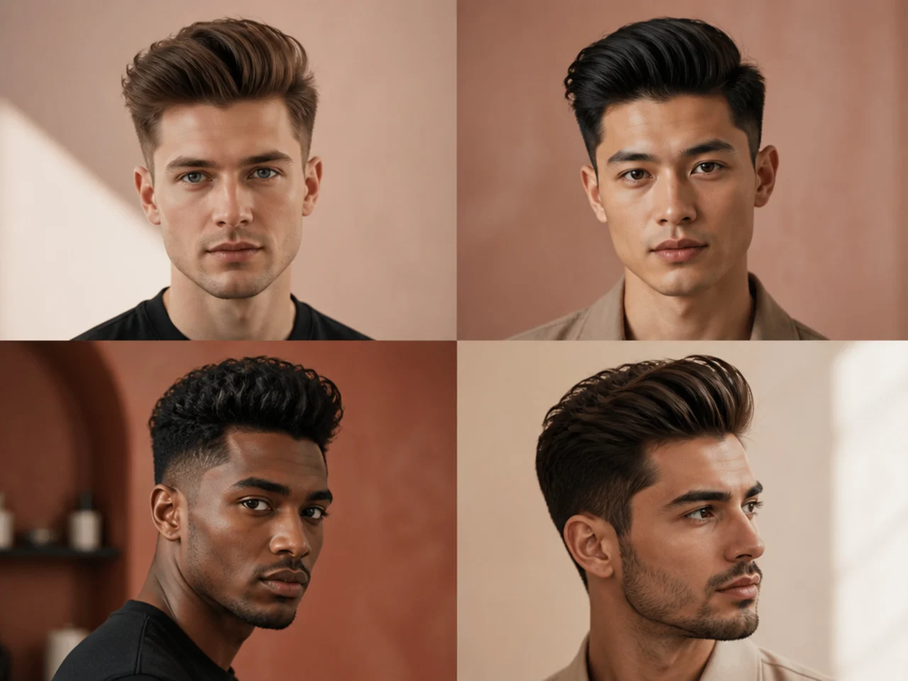 Four men with oval, round, square, and long face shapes each wearing a quiff variation that suits them