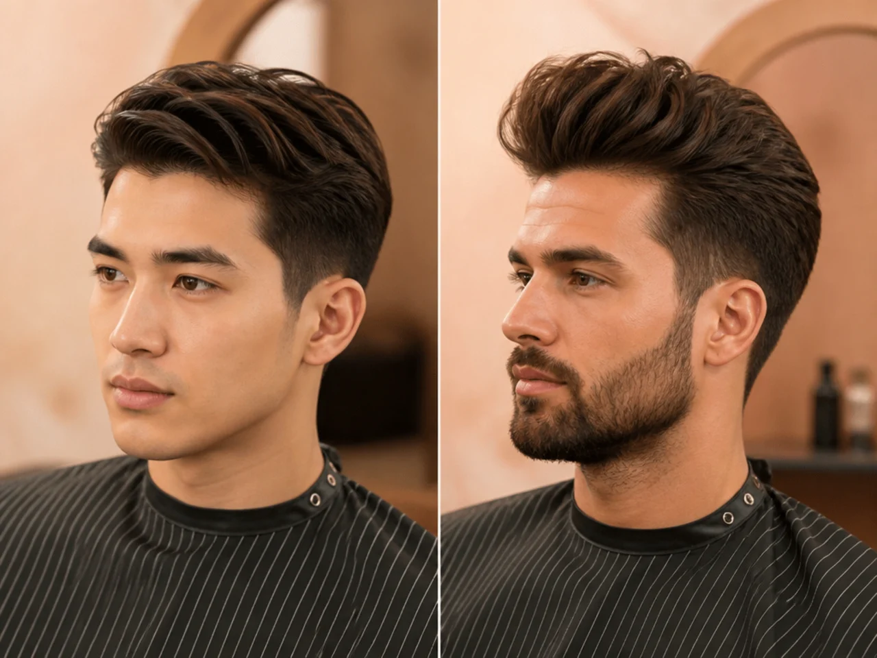 Two men side by side showing a short quiff with 2-minute styling and a long quiff with 5-minute blow-dry routine