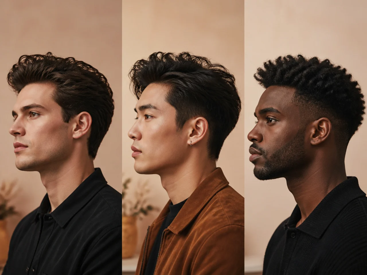 Four men with straight, wavy, curly, and coily hair each wearing a quiff variation that suits their texture