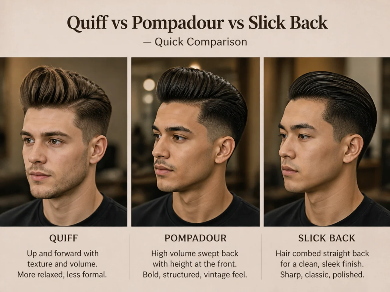 Three men side by side wearing a quiff, a pompadour, and a slick back for direct comparison