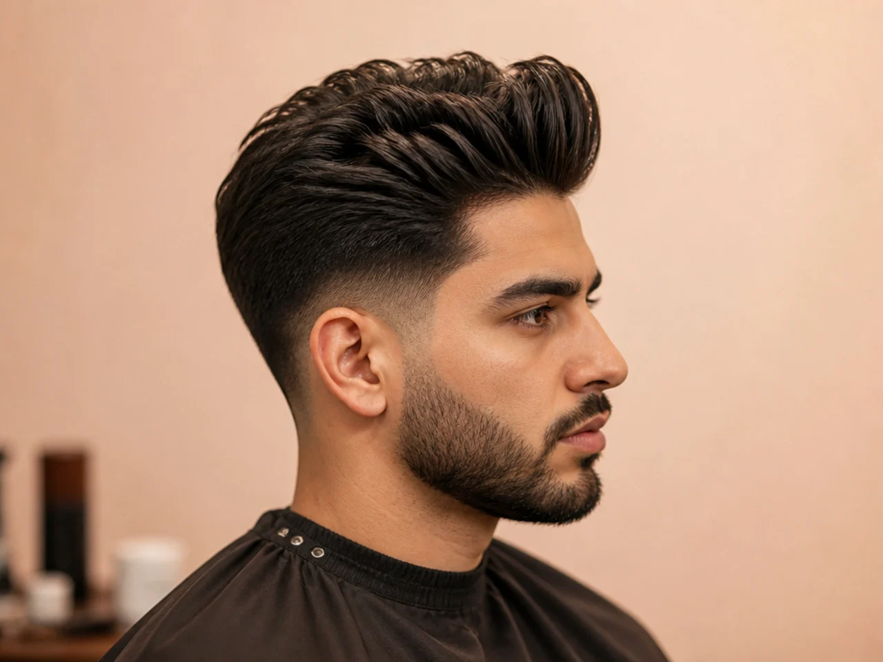 Man reviewing quiff reference photos in a barbershop chair before his cut