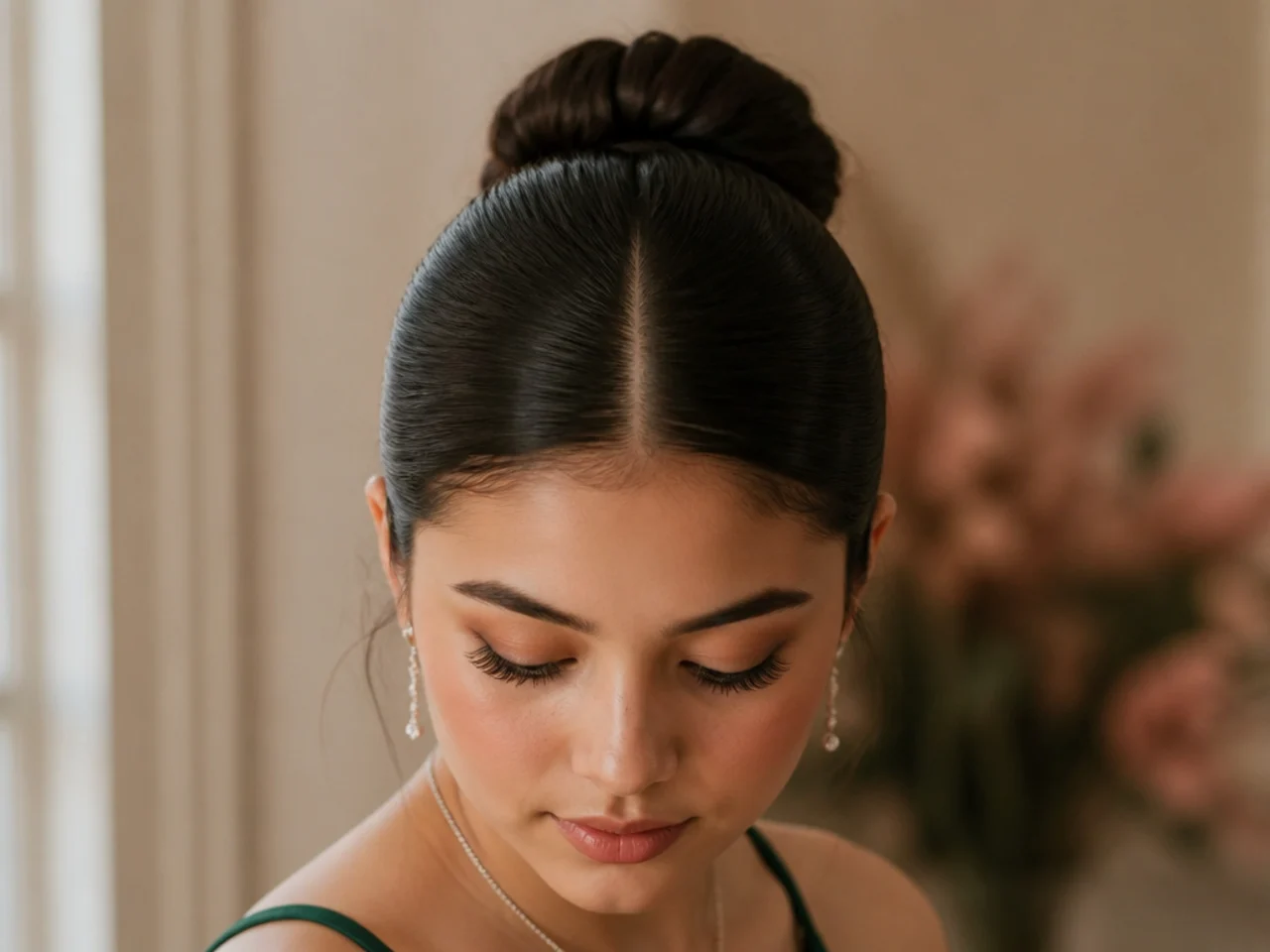 A polished bun with a razor straight centre parting