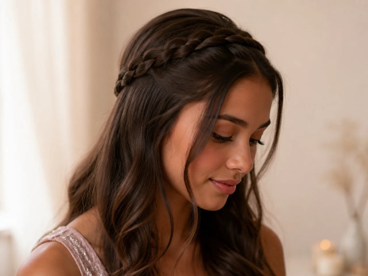 A thin braid running across the crown like a headband with loose hair beneath