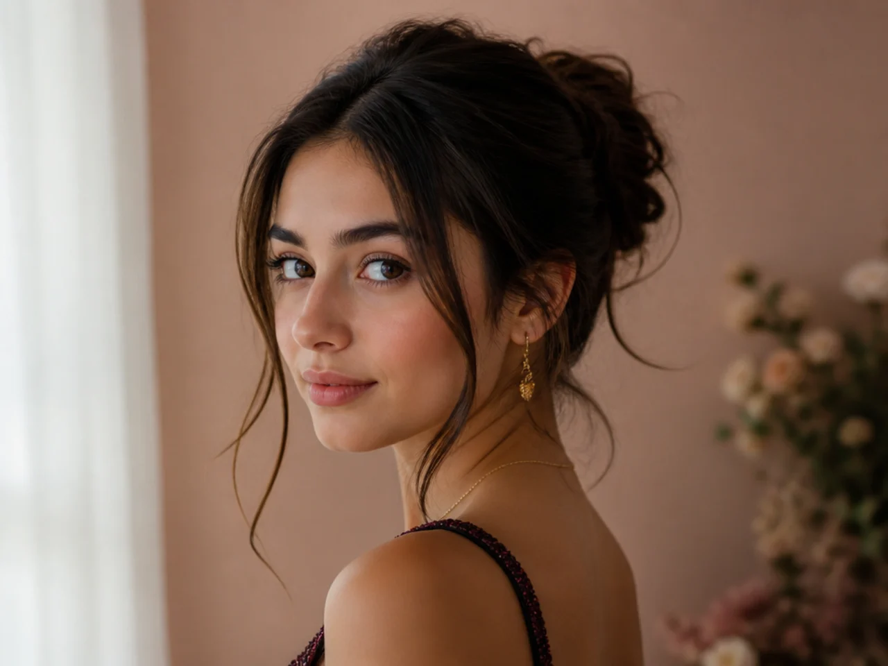 A loose messy bun with two soft strands falling either side of the face