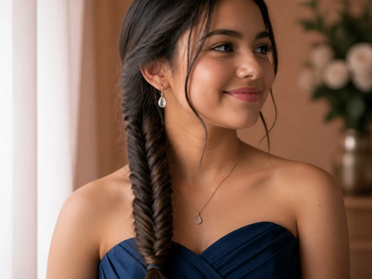 A fine fishtail braid resting over one shoulder against a formal dress
