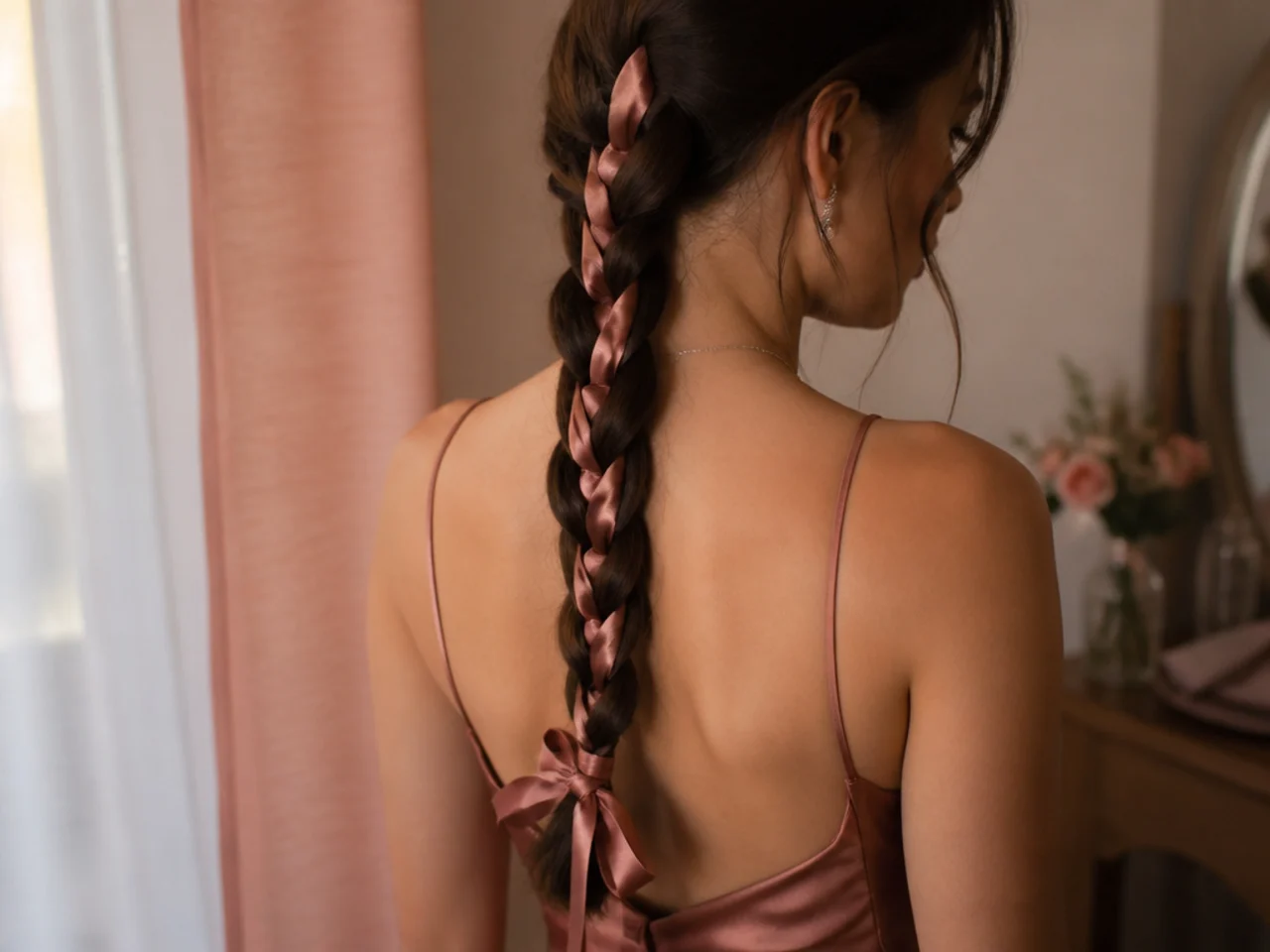 A satin ribbon braided through a three strand plait down the back