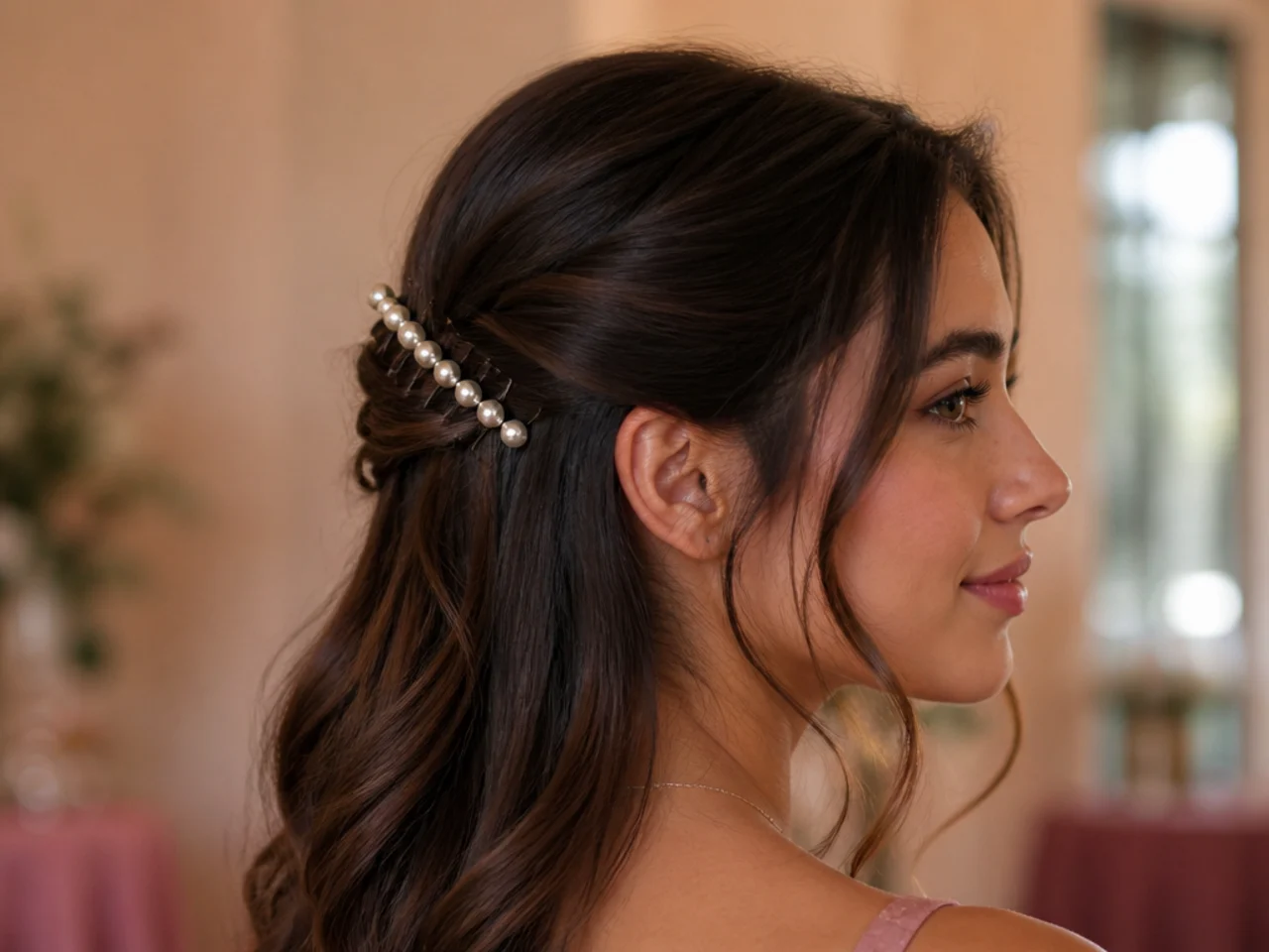 A row of pearl topped pins set diagonally into a half up style