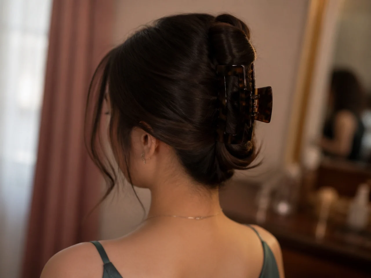 A vertical french twist at the back of the head held by a large claw clip