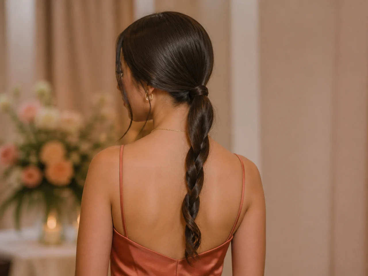 A low ponytail twisted into a two strand rope down the back