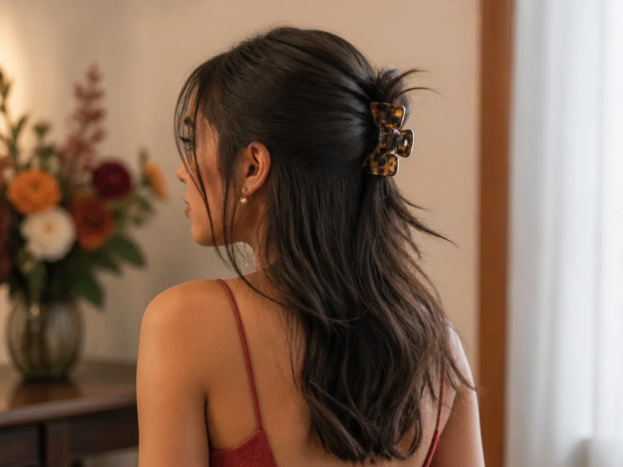 A half up style secured with a tortoiseshell claw clip and loose lengths beneath