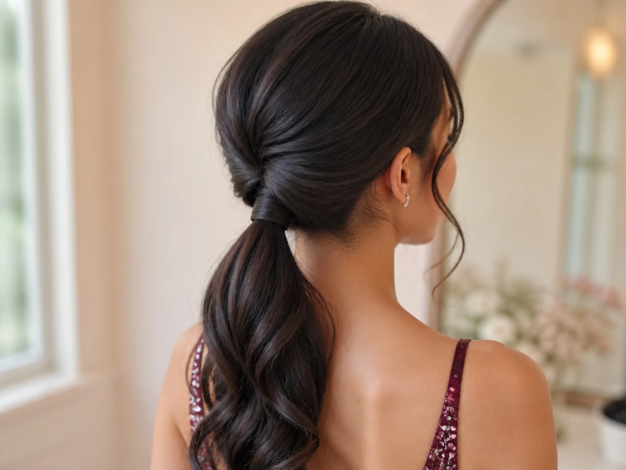 A low ponytail pulled through a gap above the elastic to create a flipped base